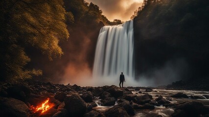 waterfall in the mountains Horror A Beusnita Waterfall of fire, with a landscape of burning trees and lava, with a demon  