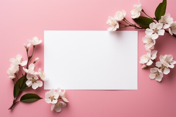 Blank Paper Surrounded by Flowers on Pink Background
