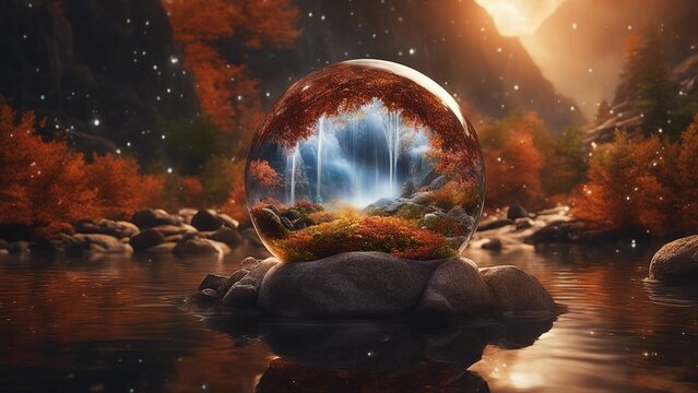 highly intricately detailed of beautiful Waterfall in autumn with rocks landscape inside a crystal ball