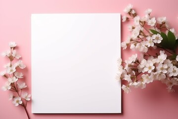 Fototapeta na wymiar Blank Paper Adorned With Flowers on Pink Background