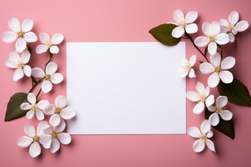 Fototapeta na wymiar Blank Paper Surrounded by White Flowers on Pink Background
