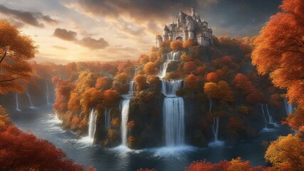 autumn in the forest Fantasy  waterfall of stars, with a landscape of floating islands and clouds, with a Beautiful castle  - obrazy, fototapety, plakaty