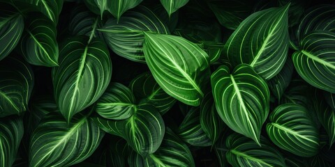 Closeup green leaves of tropical plant in garden. Dense dark green leaf with beauty pattern texture...