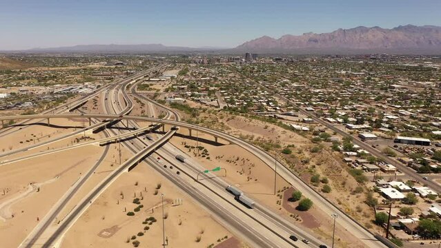 Daytime aerial view of the 10 and 19 freeway interchange in south Tucson, Arizona, USA.