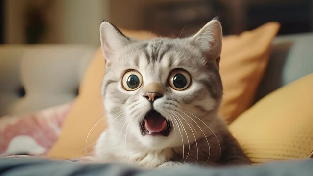 surprised cat make big eyes. American shorthair surprised cat or kitten funny face big eyes, cute, domestic, kitten, feline, Emotional surprised, kitty, wow.