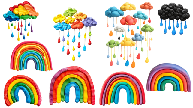 Collection cloud with rain and rainbow, made of plasticine, art for children, kids craft. Transparent isolate background.