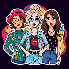 Fashionista Tribe chic Tshirt sticker depicting a group of fashion-forward girls strutting their stuff in trendy t-shirts adorned with iconic fashion symbols like lipstick tubes, sunglasses