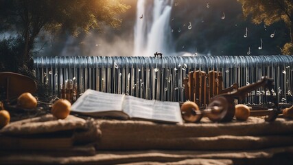 Fantasy waterfall of music, with a landscape of musical instruments and notes, with a Dry Nur waterfall
