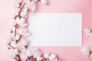 Fototapeta na wymiar White Paper Surrounded by Flowers on Pink Background
