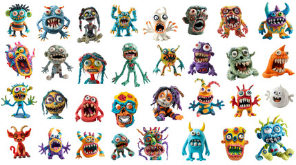 A collection of monsters, horror stories, sinister dolls, made of multicolored plasticine, art for children, kids craft. Transparent isolate background.