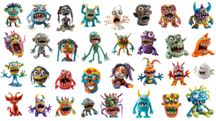 A collection of monsters, horror stories, sinister dolls, made of multicolored plasticine, art for children, kids craft. Transparent isolate background.