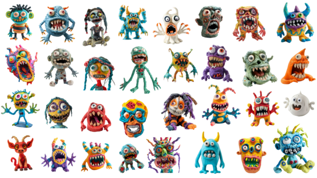 A collection of monsters, horror stories, sinister dolls, made of multicolored plasticine, art for children, kids craft. Transparent isolate background.