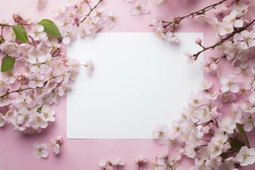 Fototapeta na wymiar White Paper Surrounded by Pink Flowers on Pink Background