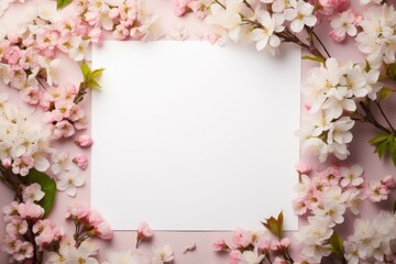 Fototapeta na wymiar White Paper Surrounded by Pink Flowers on Pink Background