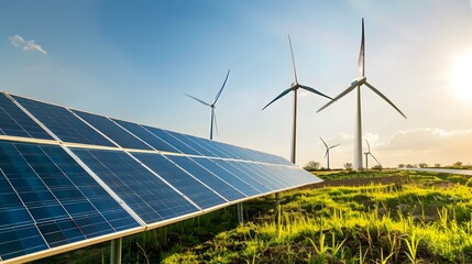 Solar Panels and Wind Turbines in a Field