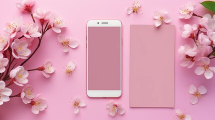 Pink Phone and Flowers on Pink Background