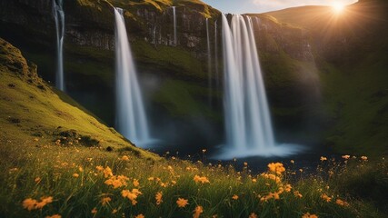 waterfall in the forest Fantasy  sunrise on a waterfall of magic, with a landscape of enchanted trees and flowers,  