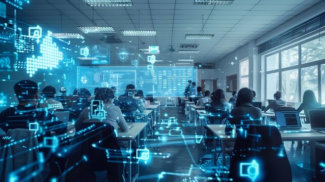 Futuristic Classroom Scene with Students and Computers