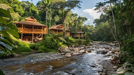 Fototapeta na wymiar Tropical Forest Resort Surrounded by River and Cabins