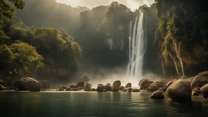 waterfall in the morning Fantasy  Ban Gioc waterfall of mystery, with a landscape of hidden caves and treasures,  