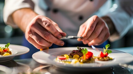 Obraz na płótnie Canvas Chefs Preparing Gourmet Dishes at High-end Restaurant