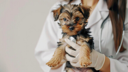 Cropped image of a female veterinarian in white gloves with a stethoscope holding a cute Yorkshire terrier puppy in a veterinary clinic on white banner background, space for copy space for text 