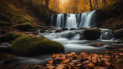 waterfall in autumn Beautiful waterfall in the autumn forest 