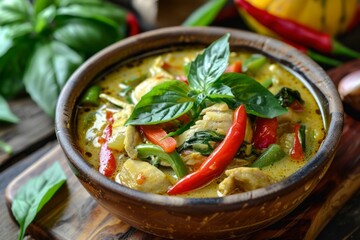 A colorful assortment of Thai Green Curry, showcasing a velvety coconut milk broth simmered with...