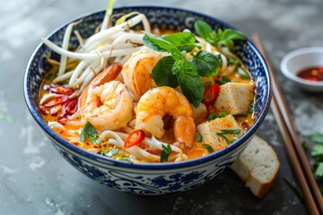 A colorful bowl of Singaporean Laksa, brimming with thick rice noodles, plump shrimp, slices of fish cake, and bean sprouts