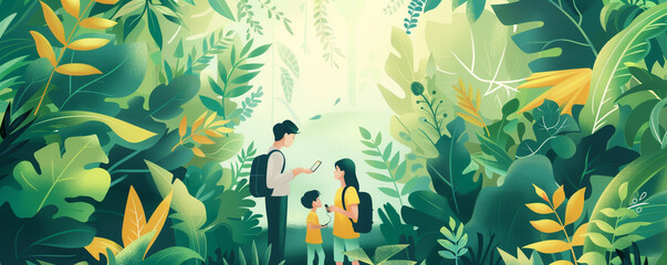 Fototapeta na wymiar Illustration of a family using smart home devices to reduce their carbon footprint surrounded by greenery
