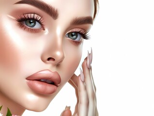 Beautiful young woman with natural make-up and pink lips, Generative AI illustrations.