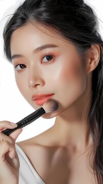 Portrait of beautiful young asian woman applying make up on white background, Generative AI illustrations.