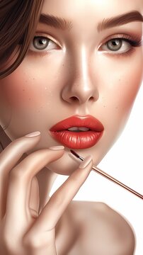 Beautiful woman applying lipstick on her lips, Makeup concept, Generative AI illustrations.