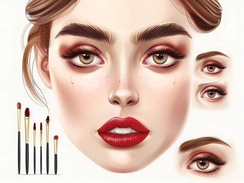 Beautiful female face with red lips and makeup brushes, Generative AI illustrations.