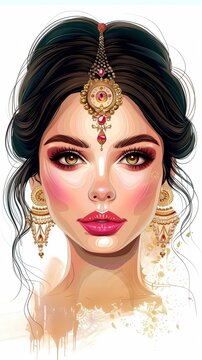 Beautiful india waman with makeup and jewelry Generative AI illustrations