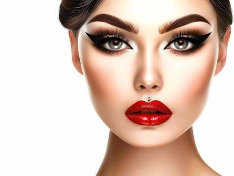 Closeup portrait of beautiful woman with professional make up and red lips, Generative AI illustrations.