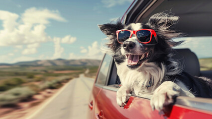 Happy Border Collie wearing sunglasses heads out of the car window when on the road trip