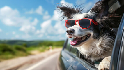 Happy Border Collie wearing sunglasses heads out of the car window when on the road trip