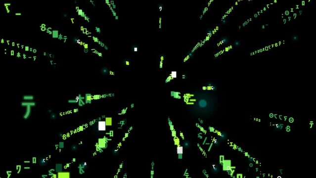 green Digital rain in black background, Animation backward matrix.