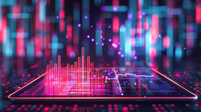 Dynamic 3D graphs and charts rising from a digital tablet symbolizing the growth and complexity of investment analysis