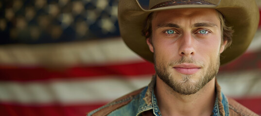  Cowboy in Front of the American Flag. Pride Homeland Love. Texan Patriot. Copy Space.