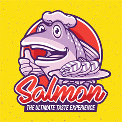 Salmon Fish Chef Mascot Cartoon Vector Logo Design Bring a Tray Containing Pieces of Salmon