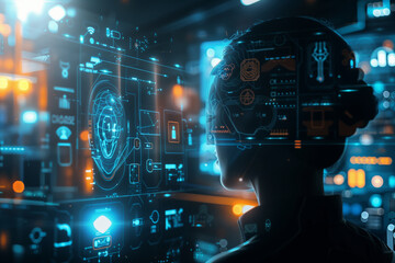 Face is displayed on a computer screen with a blue background. The face is surrounded by a lot of lines and shapes, giving it a futuristic and technological appearance