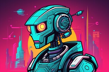 Cartoon illustration in style of comic book, cyberpunk robot on futuristic background, concept of post-apocalypse, dystopia, combat military technologies