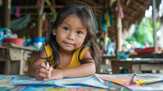 Asian little girl drawing with pencils in village school