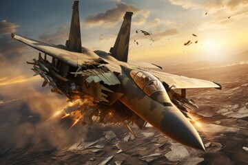 Dramatic scene of a damaged fighter jet plummeting from the sky in intense air combat battle - obrazy, fototapety, plakaty