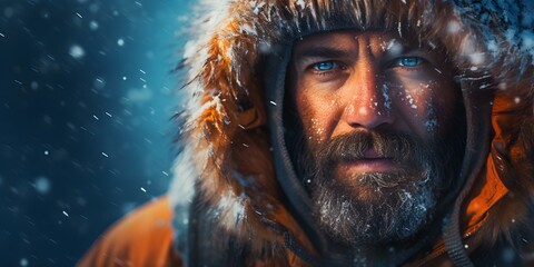 A brave explorer embraces freezing conditions for a perilous Arctic adventure. Concept Adventure, Exploration, Arctic, Extreme Conditions, Survival