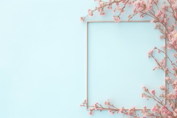 Square Frame With Pink Flowers on Blue Background