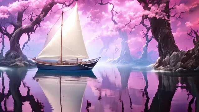 Sailing boat in the lake with pink flowers. Digital painting. a yacht with cherry tree sails in a deep purple pond surrealist post impressionism high detail, AI Generated