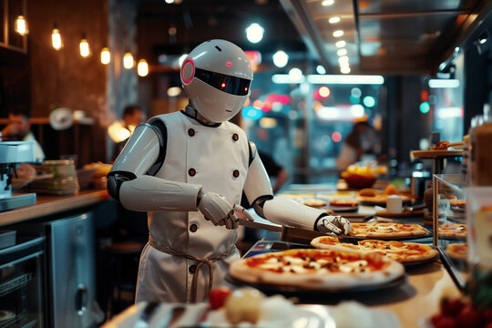Ai robot working in pizza shop presenting fresh baked pastry. 